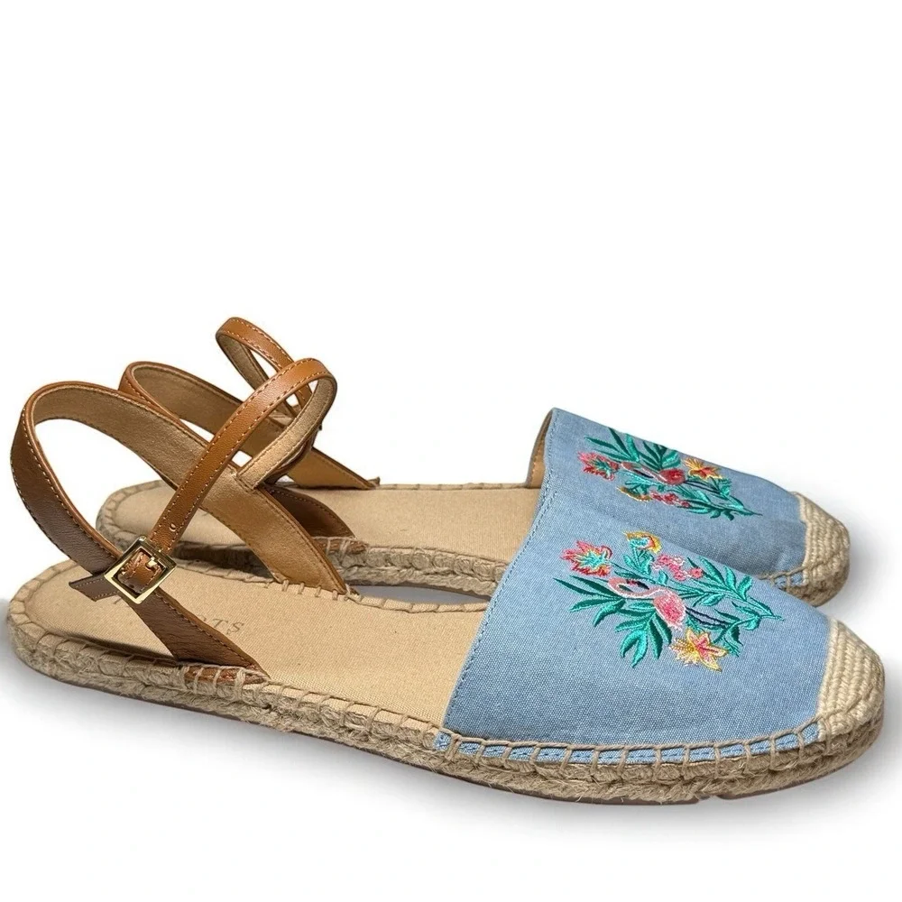 TALBOTS Espadrille Sandals Size 9.5 Chambray Izzy D'Orsay Embroidered Flamingo